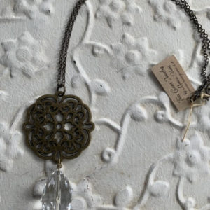 Antique Brass Necklace with Quartz Pendant by Two Gems Jewelry