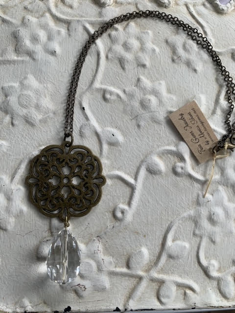Antique Brass Necklace with Quartz Pendant by Two Gems Jewelry