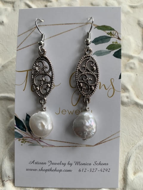 Antique Silver Freshwater Pearl Earrings by Two Gems