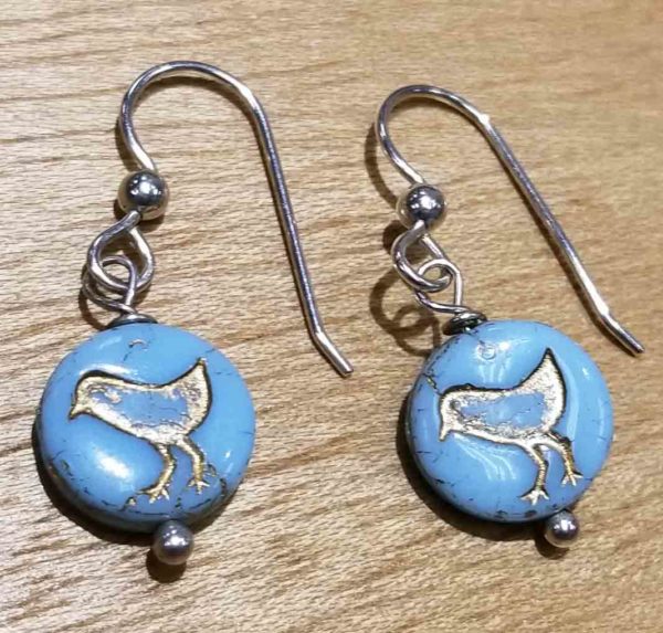 Czech Glass Blue Bird and sterling silver handmade dangle earrings