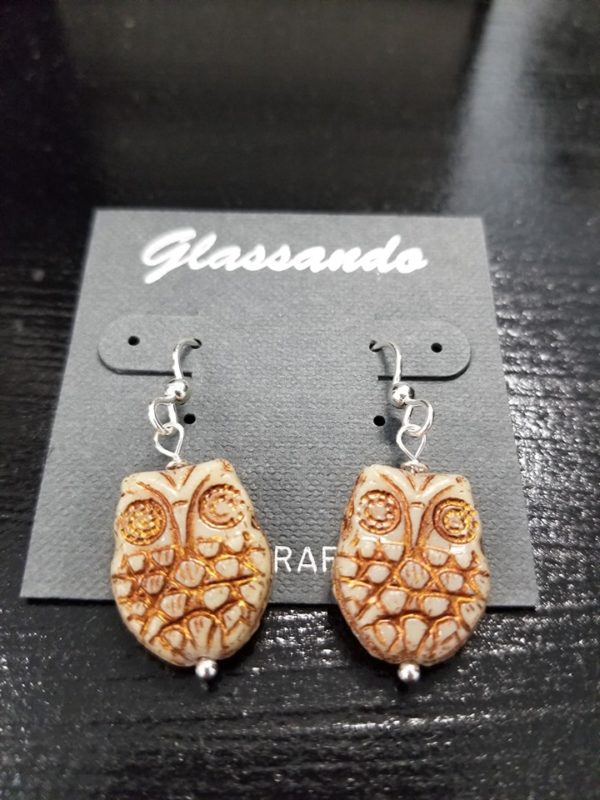 Czech glass Owl and sterling silver handmade dangle earrings