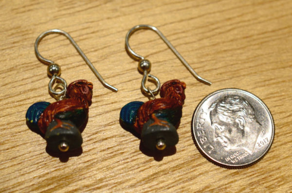 Ceramic Rooster and sterling silver handmade dangle earrings