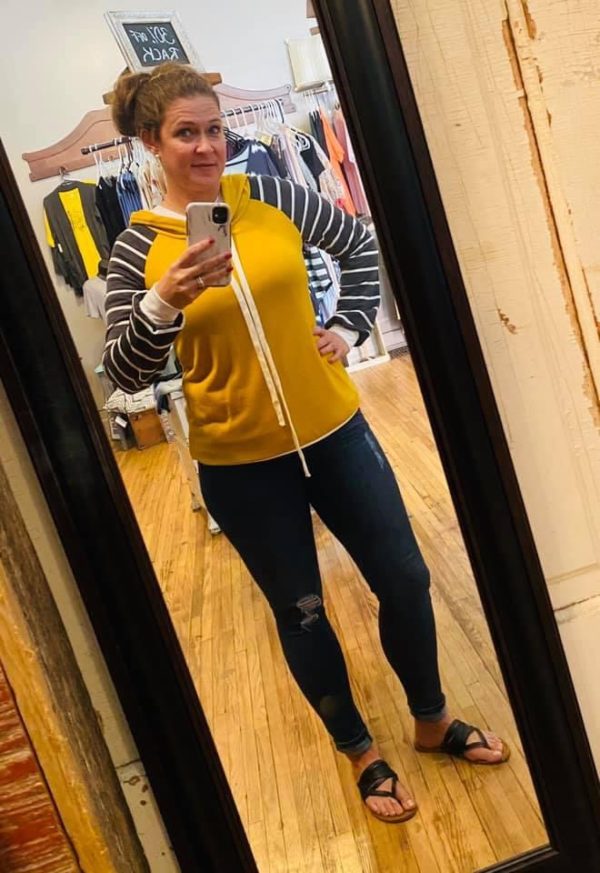 Woman’s Mustard Hoodie with Striped Sleeves