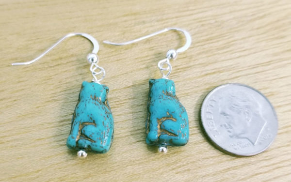 Cat earrings featuring Turquoise color Czech glass sitting cat bead with sterling silver