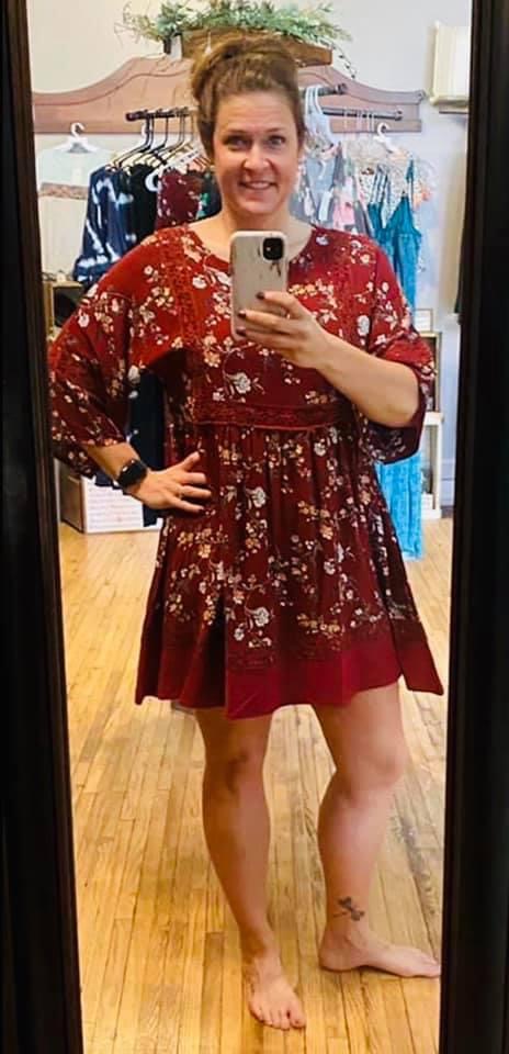 Woman’s Burgundy Floral Dress w/Crochet Lace Detail