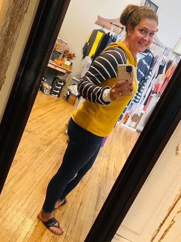 Woman’s Mustard Hoodie with Striped Sleeves