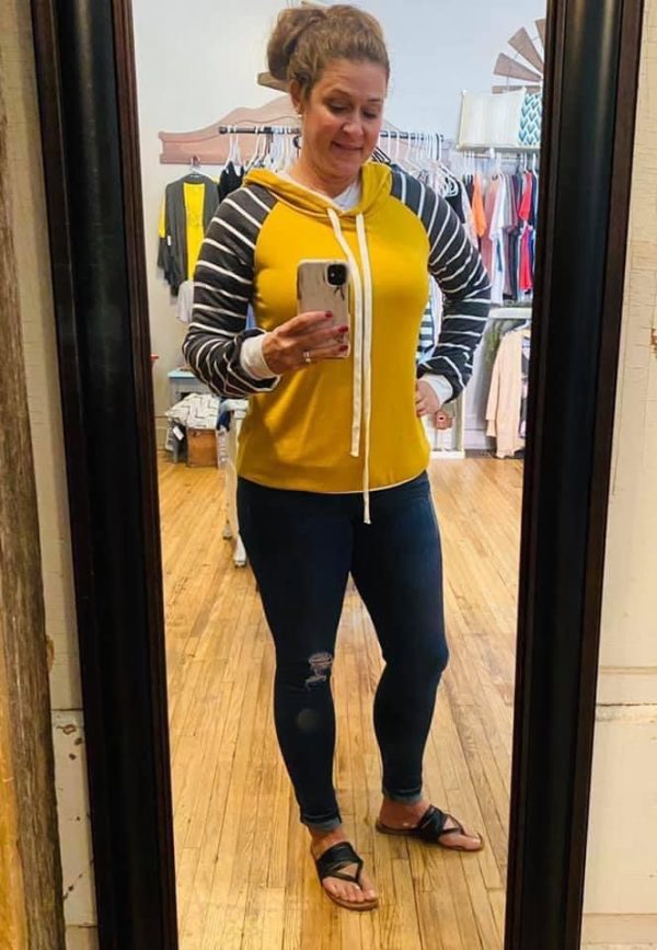Woman’s Mustard Hoodie with Striped Sleeves