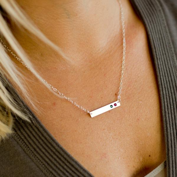 Mother’s Birthstone Horizontal Bar Necklace with Handset Crystals