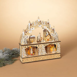 Lighted Laser Cut Wood Village Scene with Moving Figurine