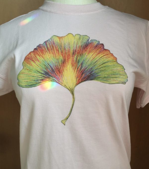 Whirling Rainbow Ginkgo Tee 100% cotton Youth, Ash and Pale Pink
