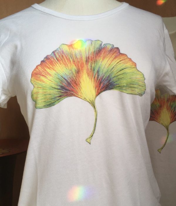 Whirling Rainbow Ginkgo Tee 50/50 cotton-poly White