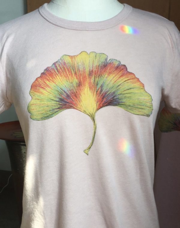 Whirling Rainbow Ginkgo Tee 50/50 cotton-poly Vintage Faded Pink