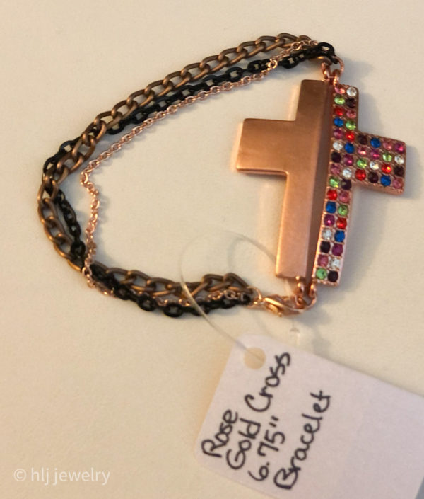 Rose Gold Colorful Cross 6.75″ Bracelet with Colorful Rhinestones