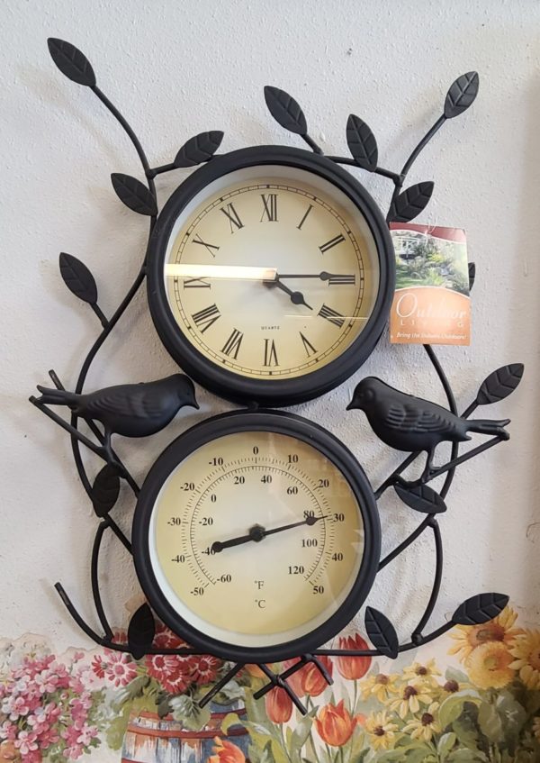 Leaf & Bird Design Decorative Garden Clock With Thermometer