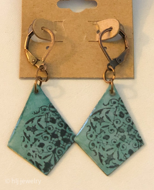 Turquoise Hand Stamped Resin Diamond Shaped Dangle Earrings