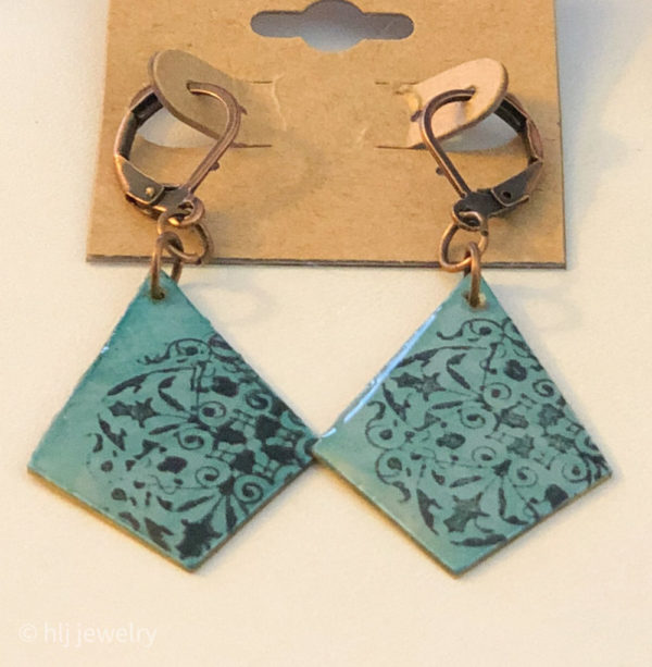 Turquoise Hand Stamped Resin Diamond Shaped Dangle Earrings