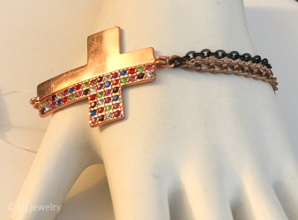 Rose Gold Colorful Cross 6.75″ Bracelet with Colorful Rhinestones