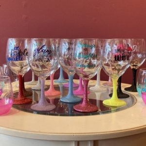 Wine Glasses with Sayings and Sparkly Stems