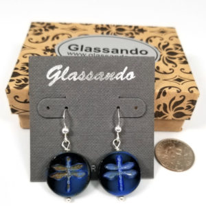 Dark blue Czech glass Dragonfly and sterling silver dangle earrings