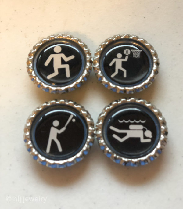 Set of 4 Sports Stick Figure Bottlecap Magnets – Baseball, Running, Scuba Diving, Basketball