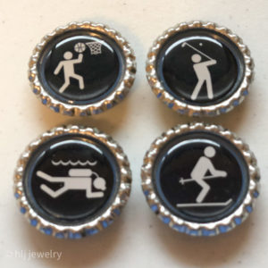 Set of 4 Sports Stick Figure Bottlecap Magnets – Basketball, Golf, Scuba Diving, Skiing