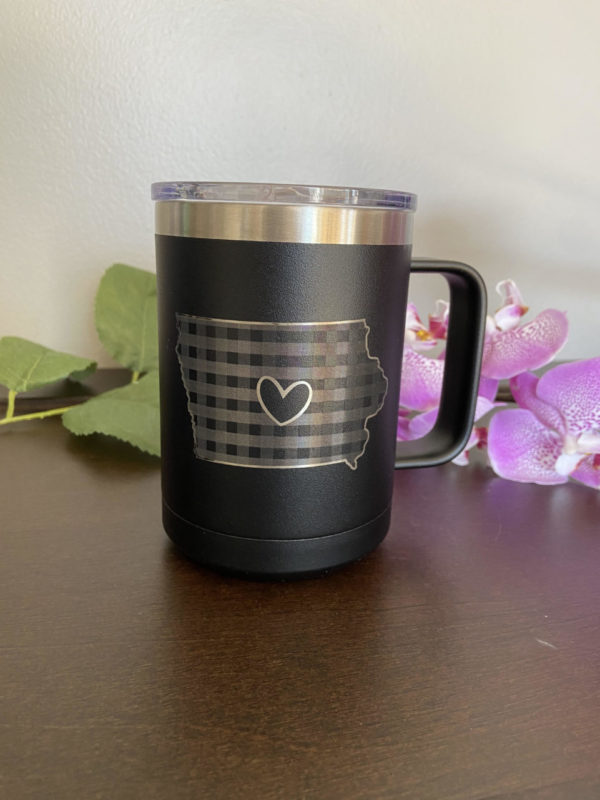 Personalized Engraved Iowa Tumbler Cup Gingham Heart Design