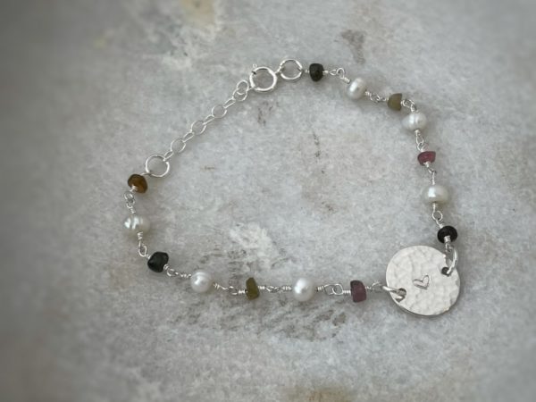 Multi Tourmaline + Freshwater Pearl Hammered Heart Bracelet– “Always remember you are loved.”