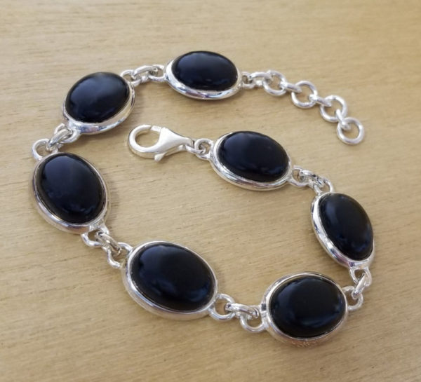 Black onyx stone ovals and sterling silver handmade bracelet
