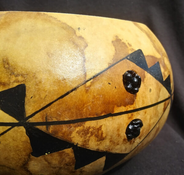 Natural Gourd Decorative Bowl with black geometric design accented with black stone circles