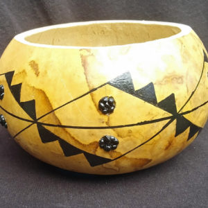Natural Gourd Decorative Bowl with black geometric design accented with black stone circles