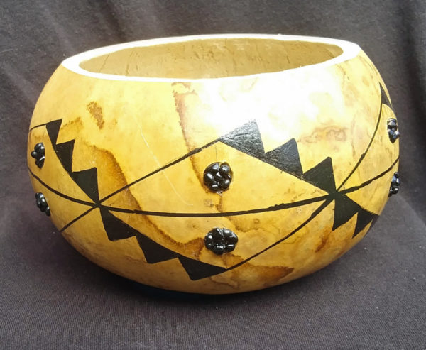 Natural Gourd Decorative Bowl with black geometric design accented with black stone circles