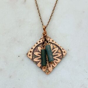 Acid etched copper mandala necklace with moss agate gemstones