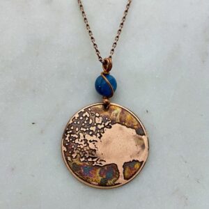 Handmade copper acid etched tree necklace with apatite