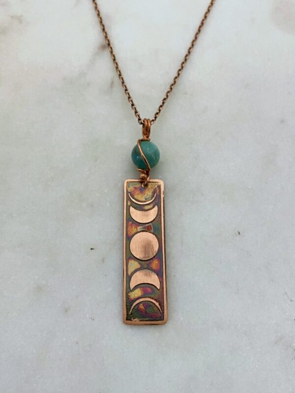 Handmade moon phase acid etched copper necklace with amazonite gemstone