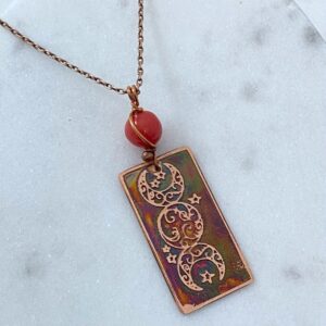 Handmade copper acid etched necklace with coral