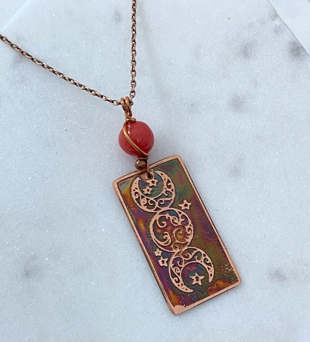 Handmade acid etched copper necklace with prehnite gemstone