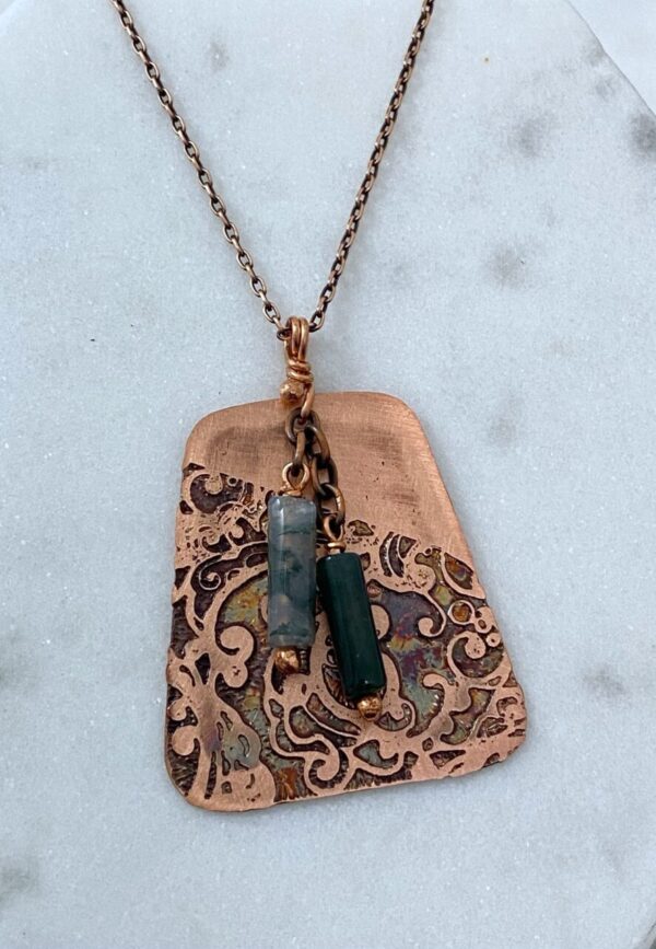 Handmade copper acid etched necklace with moss agate