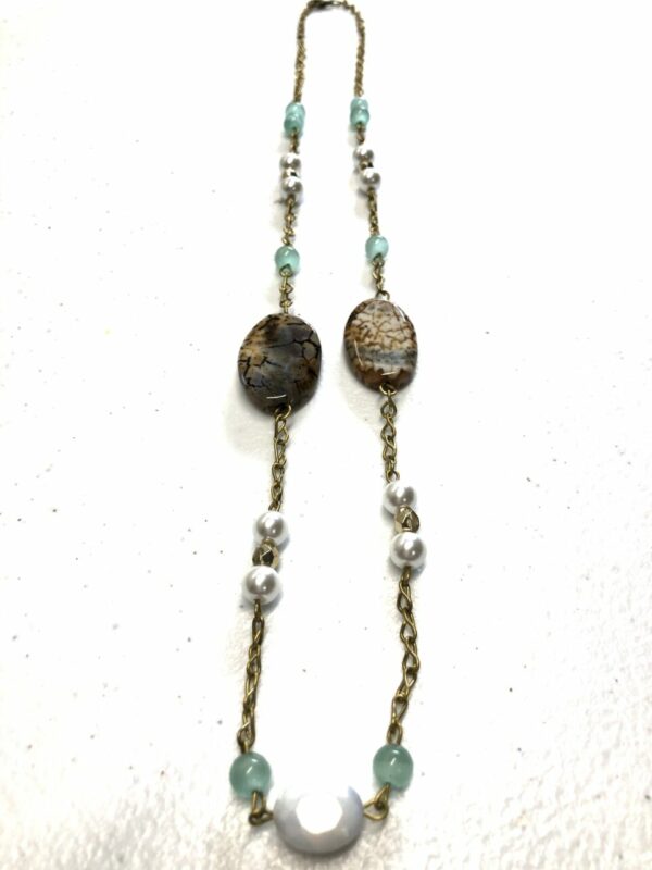 Handmade Aqua/brown/white/gold colored beaded necklace