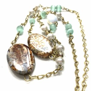 Handmade Aqua/brown/white/gold colored beaded necklace