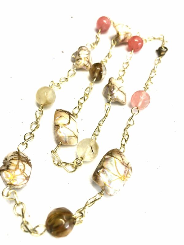 Handmade pink, brown, off-white & gold colored shell necklace