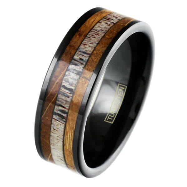 Black Tungsten Ring with Deer Antler between Whiskey Barrel Oak Wood Inlays, Size 11