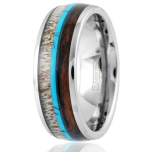 Tungsten Ring with Deer Antler, turquoise, and koa wood inlay, Size 12