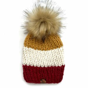 Adult Stripe Pom Hat | Red + Mustard Yellow