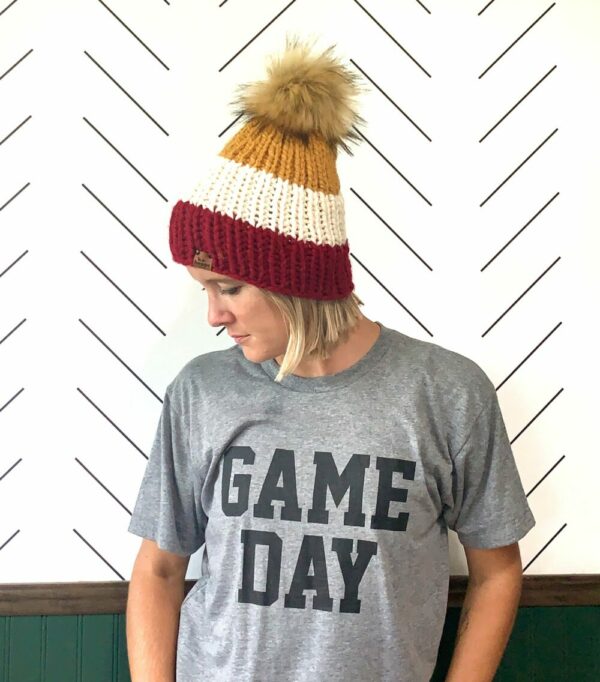 Adult Stripe Pom Hat | Red + Mustard Yellow