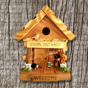 Wren Retweet wood log cabin style themed birdhouse