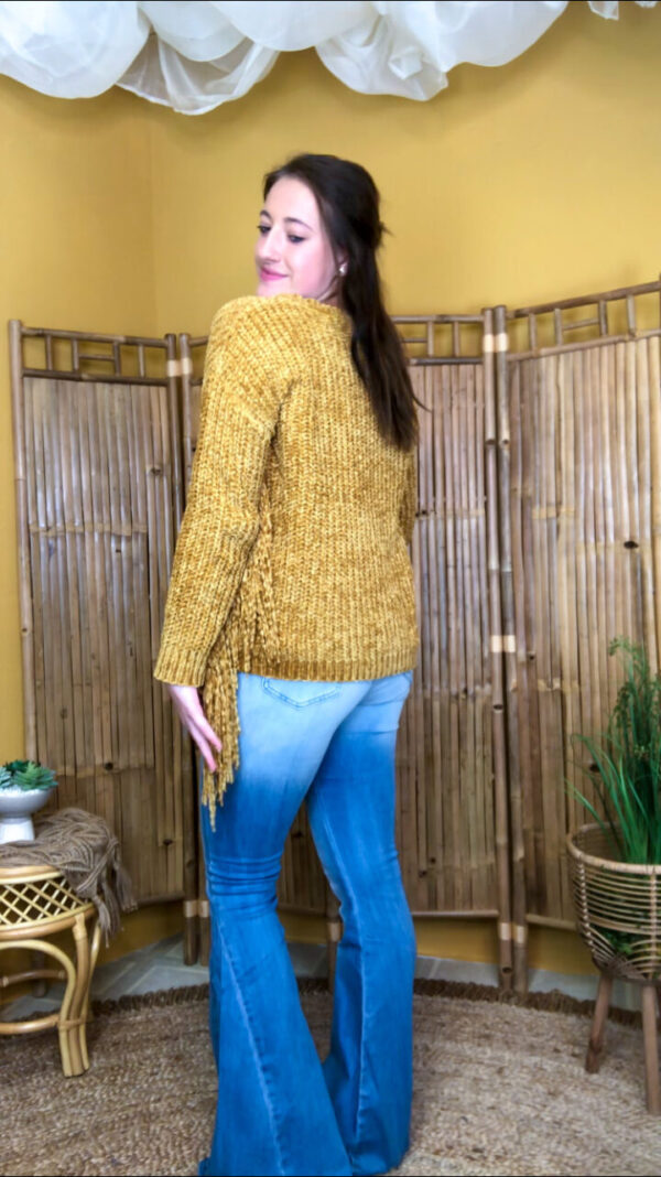 Soft Chenille Sweater With Fringed Sleeves