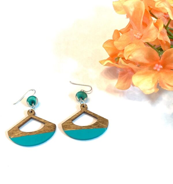 Teal Fan Shaped Wooden Earrings