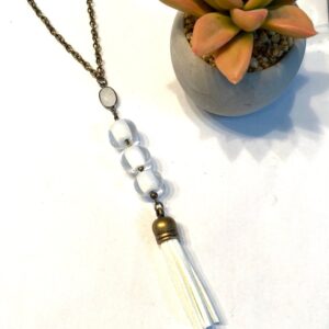 White Glass Beaded Tassel Necklace