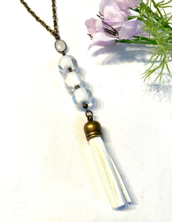 White Glass Beaded Tassel Necklace
