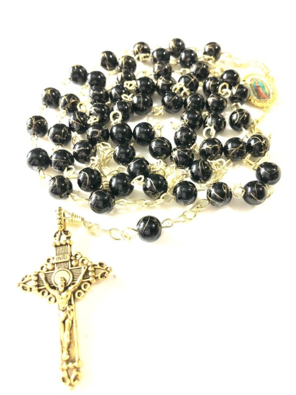 Handmade black crystal glass beaded rosary with gold color swirls